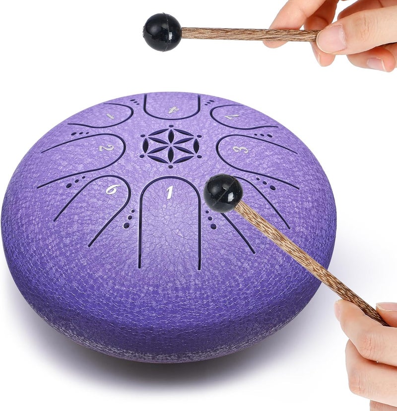 PUJONI Steel Tongue Drum, 6 Inch 8 Notes Percussion Instruments with Music Book, Mallets, Carry Bag, Finger Picks, Gifts for Beginners Musical Education & Adults Relaxation Meditation (Lavender) - Image 2